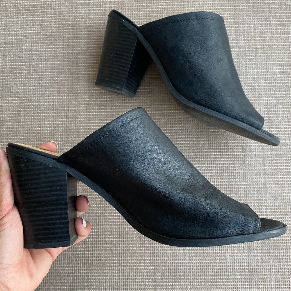 Women's Chunky High Heel Mules Peep Toe Slide Sandals Black